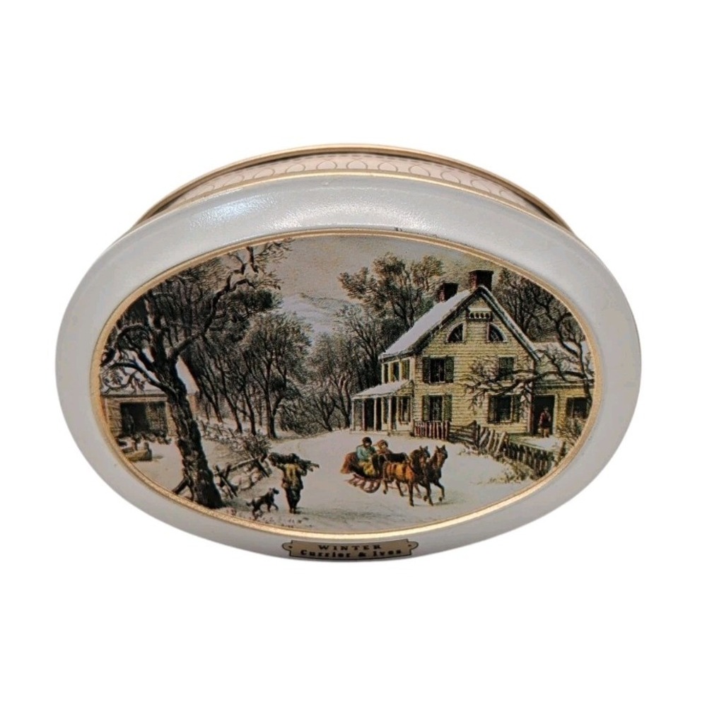 Vintage Currier and Ives Tin The American Homestead Winter Oval Fabcraft SEE